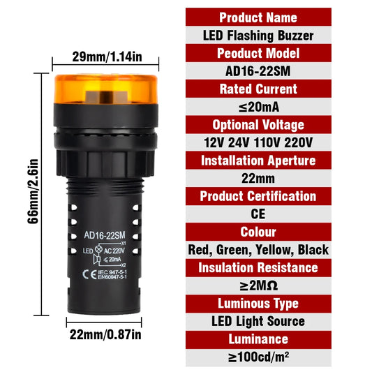1Pc, 12V 24V 110V 220V, Flash Signal Light Red LED, Active Buzzer Beep Alarm Indicator Green Red