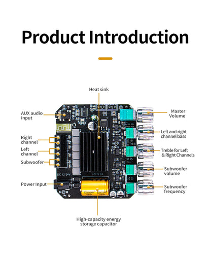 2.1 Channel Bluetooth 5.0 Subwoofer Amplifier Board 50W x 2 + 100W Power Audio Stereo Amplifier Board Bass AMP AUX