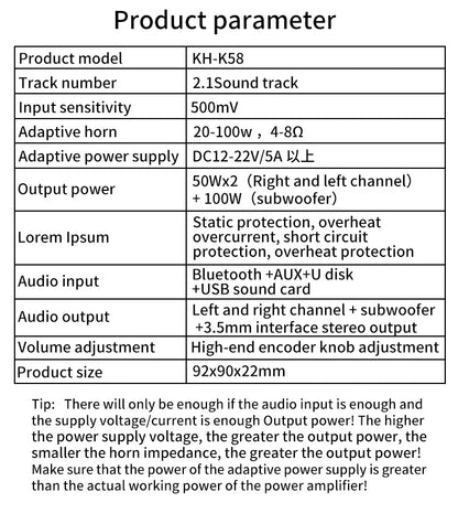 2.1 Channel Bluetooth 5.0 Subwoofer Amplifier Board 50W x 2 + 100W Power Audio Stereo Amplifier Board Bass AMP AUX