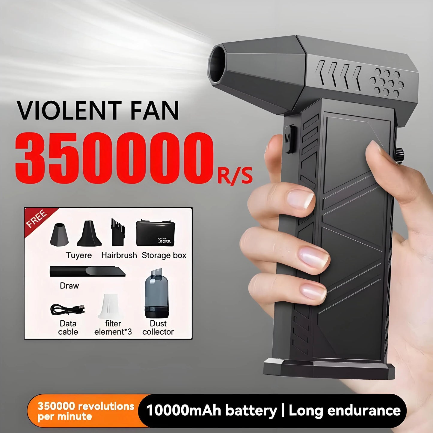 Violent Fan 350,000RPM Powerful Air Blower Vacuum Dust Cleaner Rechargeable Strong Winds 58m/s Brushless Turbo Jet Blower Dryer