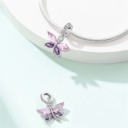 100% 925 Sterling Silver Exquisite Colored Dragonfly Charms Pendants Sparkling Zircon Fit Qikaola Original Bracelets DIY Jewelry
