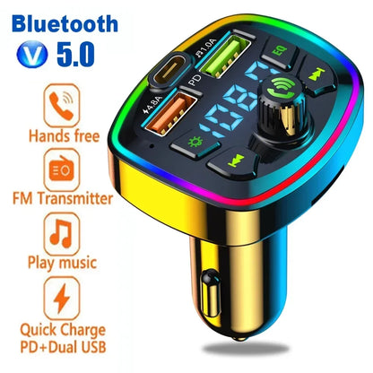 Car MP3 Player Bluetooth 5.0 FM Transmitter Handsfree Car Radio Modulator with Built-in Mic USB Quick Charge Adapter for Car