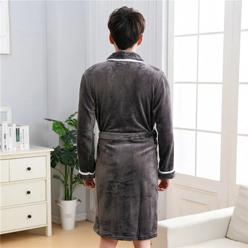 Plus Size Thick Flannel Men Robe Kimono Bathrobe Gown Coral Fleece Sleepwear Home Clothes Autumn Winter Nightwear Lounge Wear