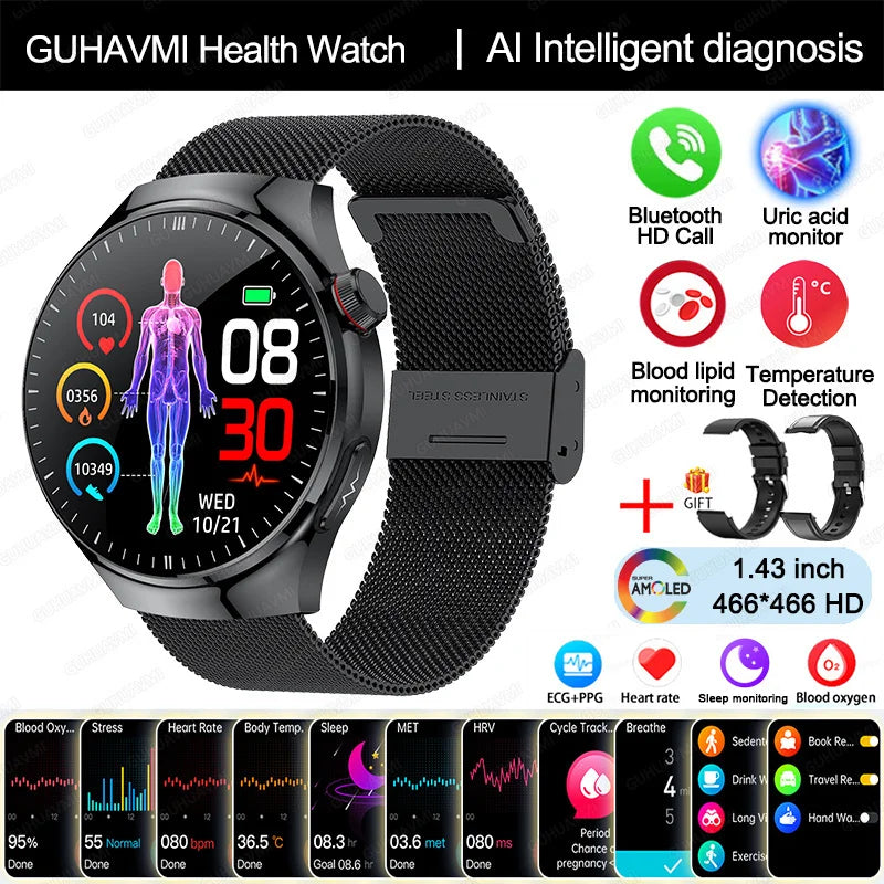 New Nursing Grade Smart Watch, Blood oxygen Blood Lipid Uric Acid ECG+PPG Body Temperature Bluetooth Call Health Smartwatch, Apple Health