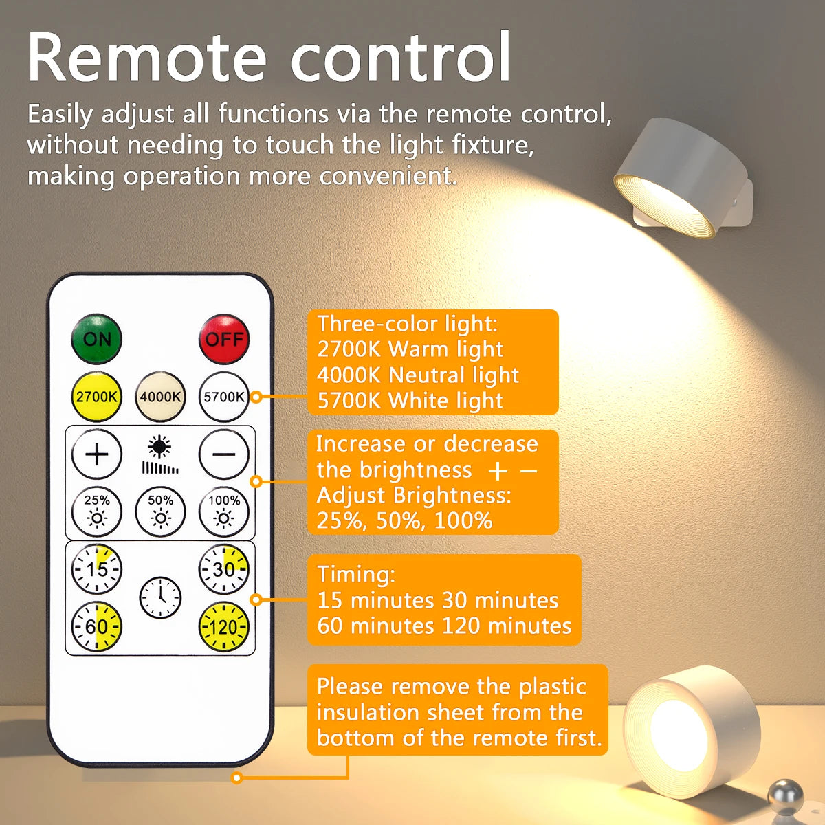 LED Wall Lights with Remote, Rechargeable Wall Mounted Reading Sconces Lamp 2000mAh, 3 Colors & Dimmable Magnetic 360° Rotation
