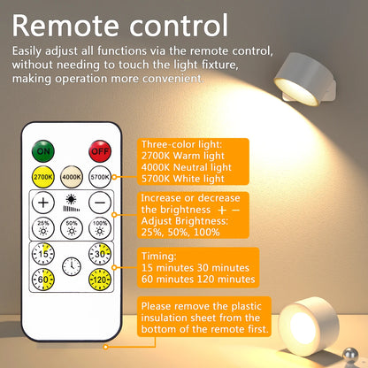LED Wall Lights with Remote, Rechargeable Wall Mounted Reading Sconces Lamp 2000mAh, 3 Colors & Dimmable Magnetic 360° Rotation
