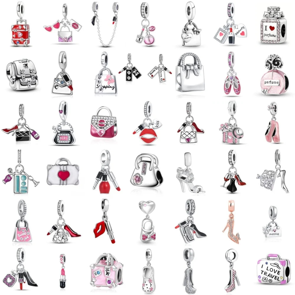 Pink Bead Bag Perfume Lipstick high heels Pendant fit Original Bracelet Accessories DIY Jewelry Women 925Silver Gift Trunk Charm