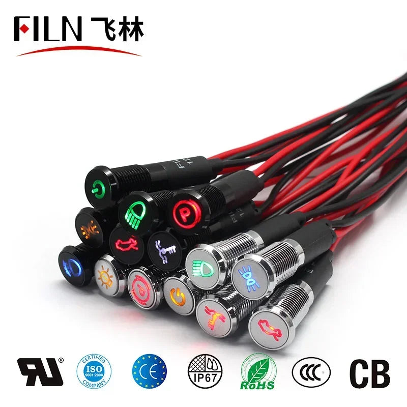 8/10/12/14/16mm Symbol LED Indicator Light 12V 24V Black Metal Indicator Dash Pilot Light with Wire Car Dashboard Truck Machinery