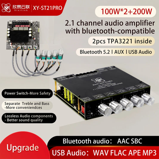 ST21PRO TPA3221 Bluetooth 5.0 2.1 Channel Power Audio Stereo Subwoofer Amplifier Board 100WX2+200W Treble and Bass Tuning AMP