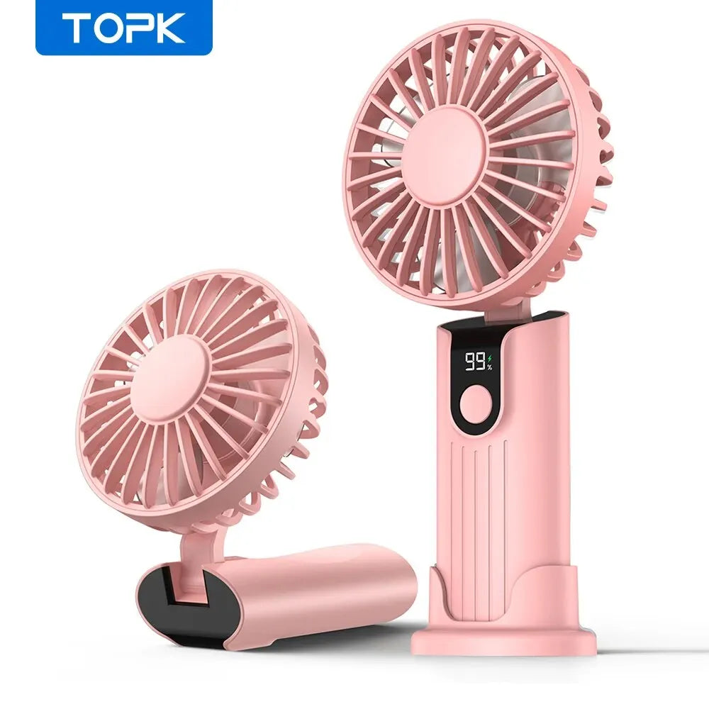 TOPK K38 Portable Handheld Fan,5000mAh 3 in 1 Multifunction Personal Travel Neck Fan with Digital Display,90° Foldable Desk Fan