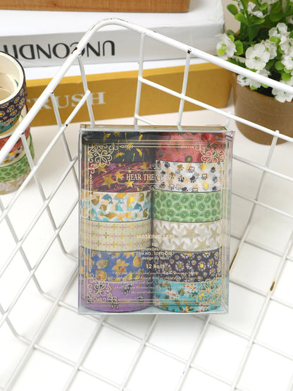 Creative Floral Hot Foil Washi Tape Set, 12 Rolls Decorative Masking Tape for Scrapbooking, Journaling, DIY Gift Supplies