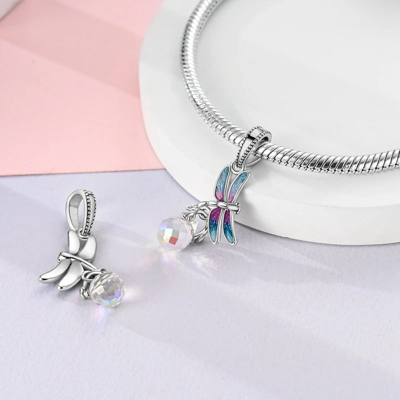 100% 925 Sterling Silver Exquisite Colored Dragonfly Charms Pendants Sparkling Zircon Fit Qikaola Original Bracelets DIY Jewelry
