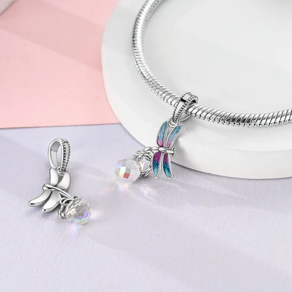 100% 925 Sterling Silver Exquisite Colored Dragonfly Charms Pendants Sparkling Zircon Fit Qikaola Original Bracelets DIY Jewelry