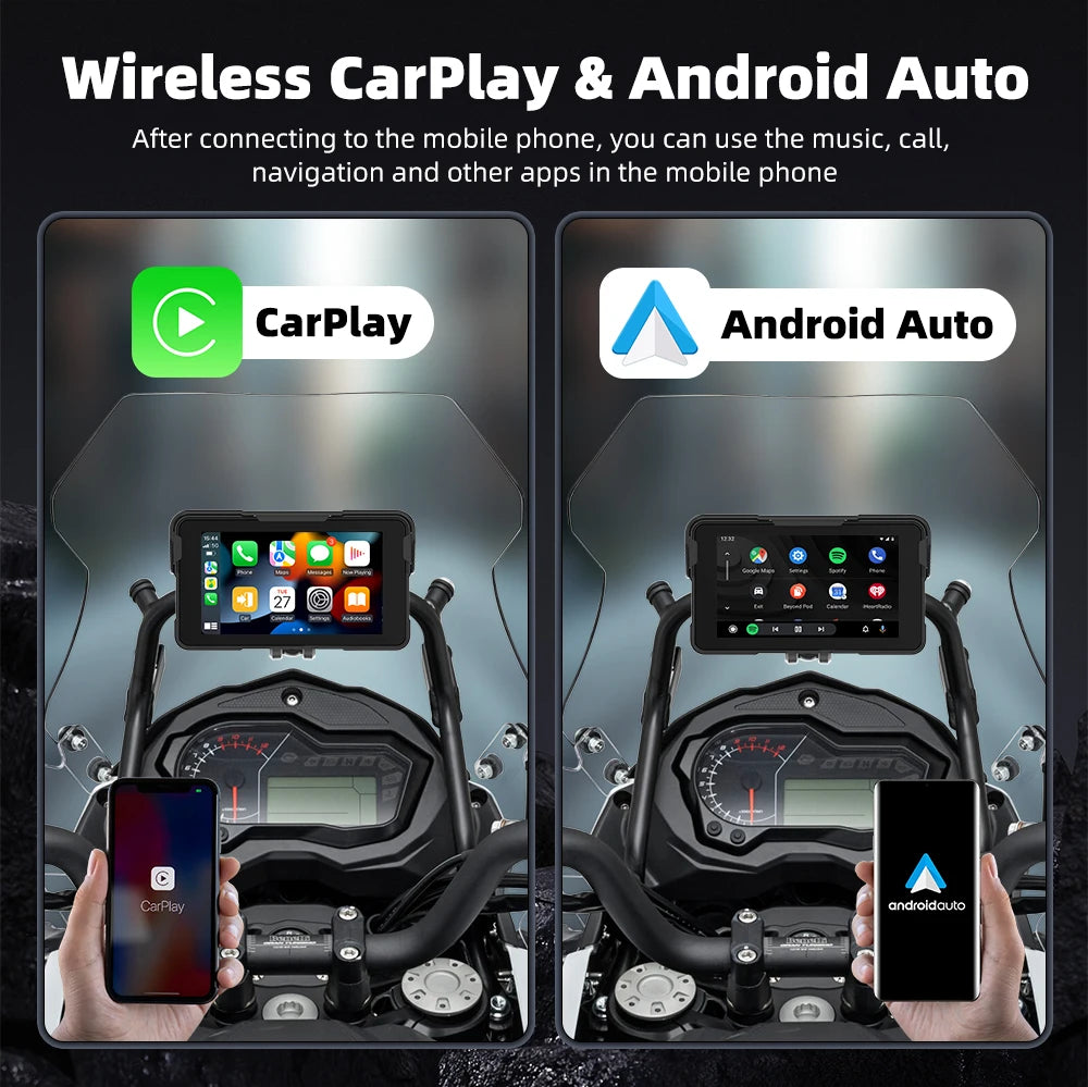 EKIY 5 inch GPS Navigation Motorcycle Wireless Carplay Android Auto IPX67 Waterproof Portable Screen BT Moto Motorbike Monitor