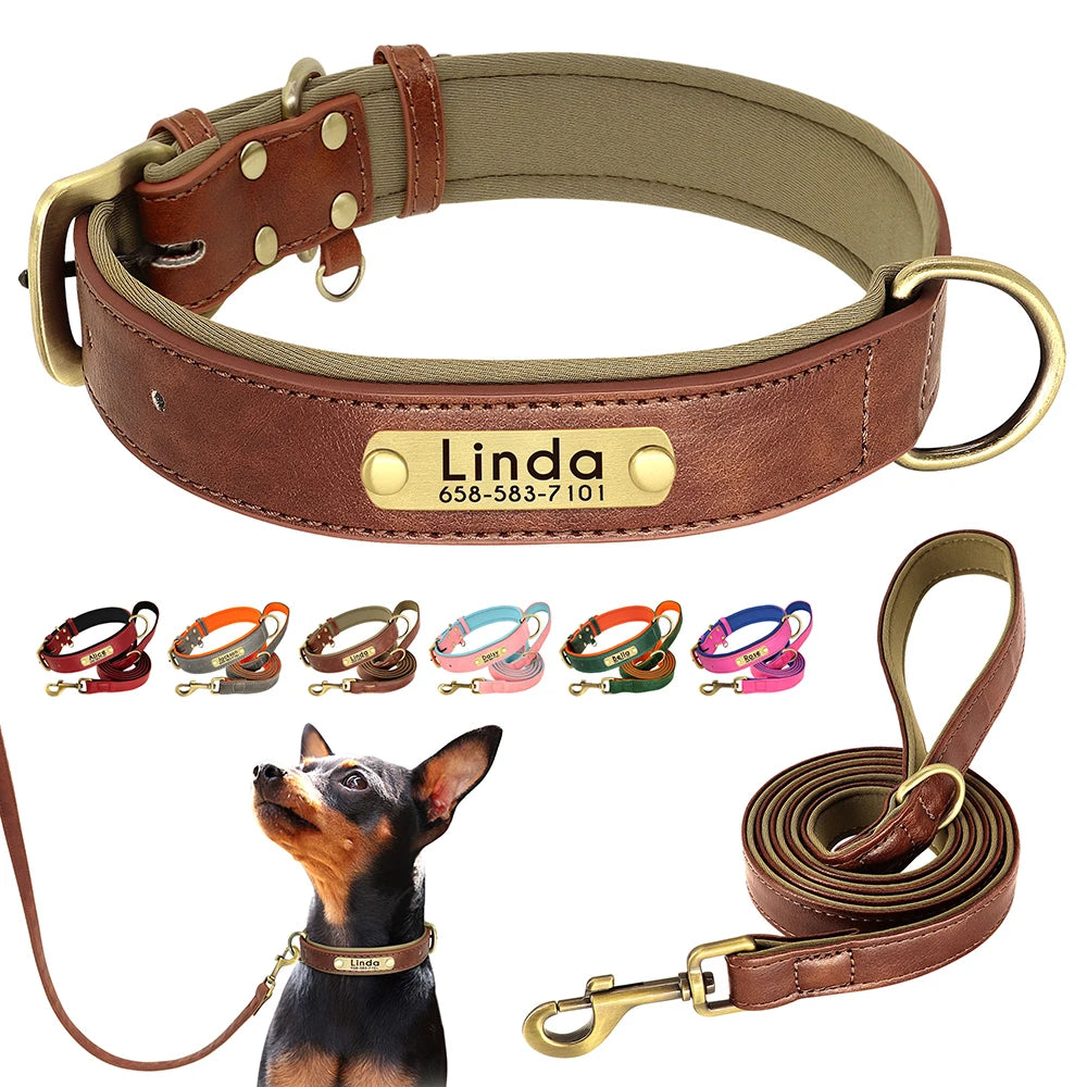 Customized Leather Dog Collar Leash Set, Soft Padded Leather Collar For Small Medium Large Dogs With Free Engraved Nameplate