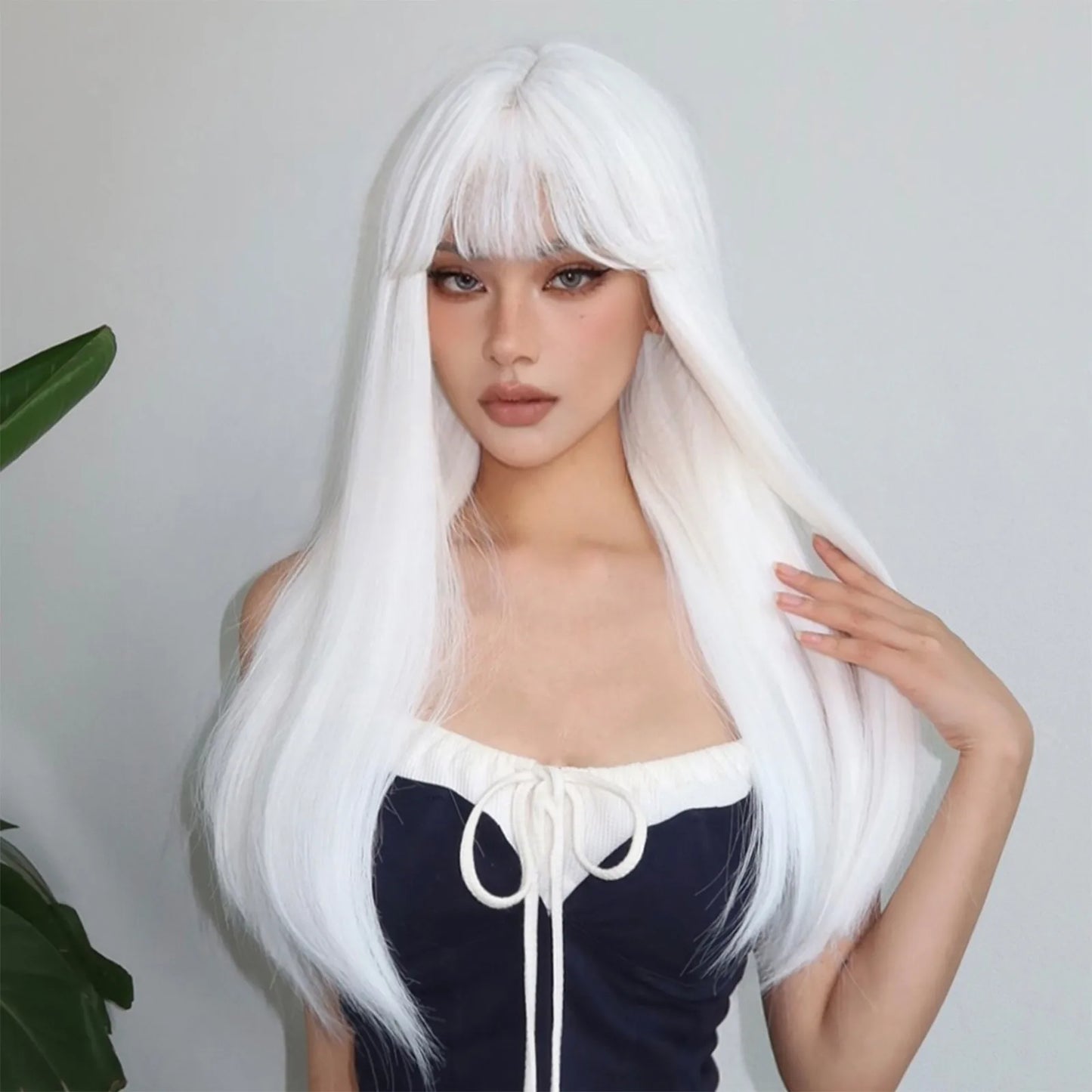 White Long Straight Synthetic Wigs for Women, Colorful Cosplay Party Fake Hair with Bangs, White Wig, HighTemperature Fiber, HENRY MARGU