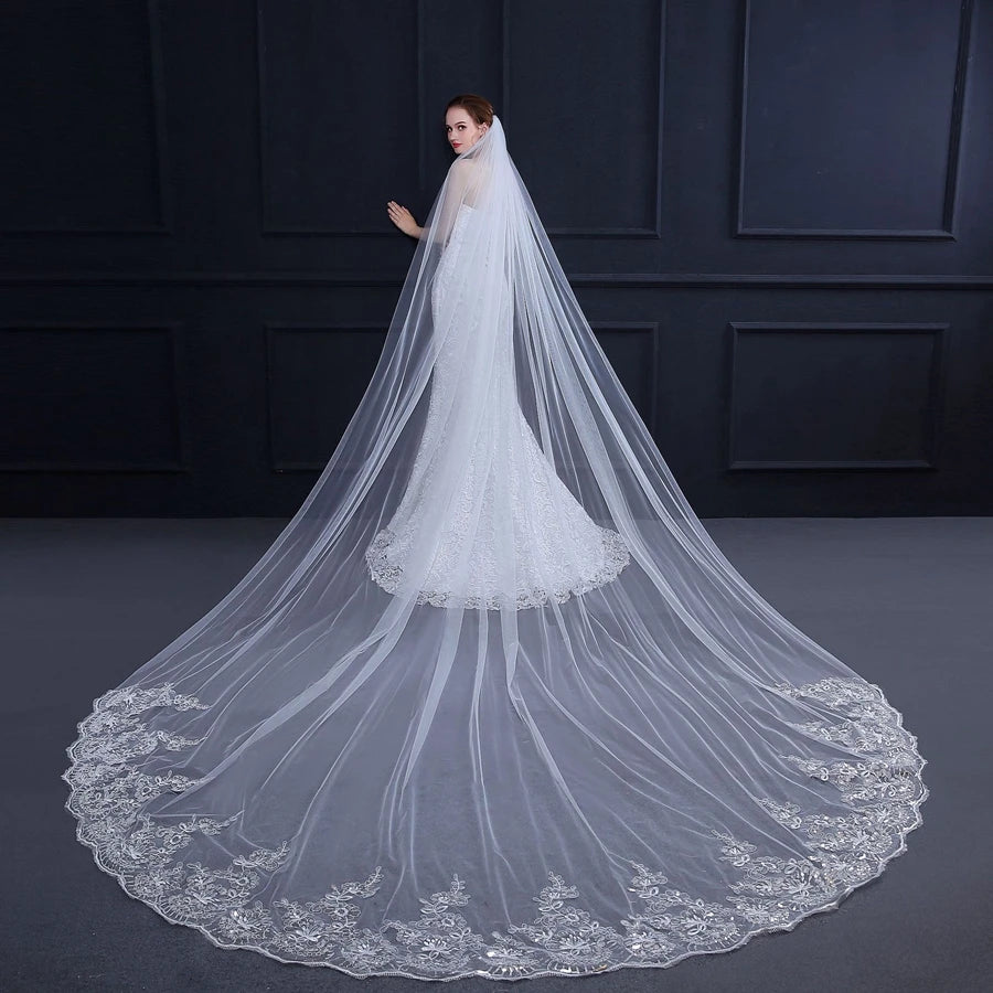 Wedding Veil Lace Edge Long Luxurious Bridal Veil, Applique Sequins White/Ivory Veil With Comb, Cathedral One-Layer 3M/4M/5M
