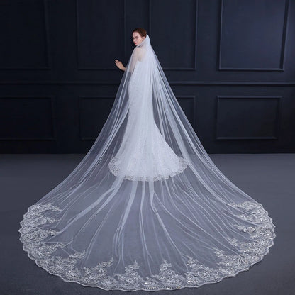Wedding Veil Lace Edge Long Luxurious Bridal Veil, Applique Sequins White/Ivory Veil With Comb, Cathedral One-Layer 3M/4M/5M