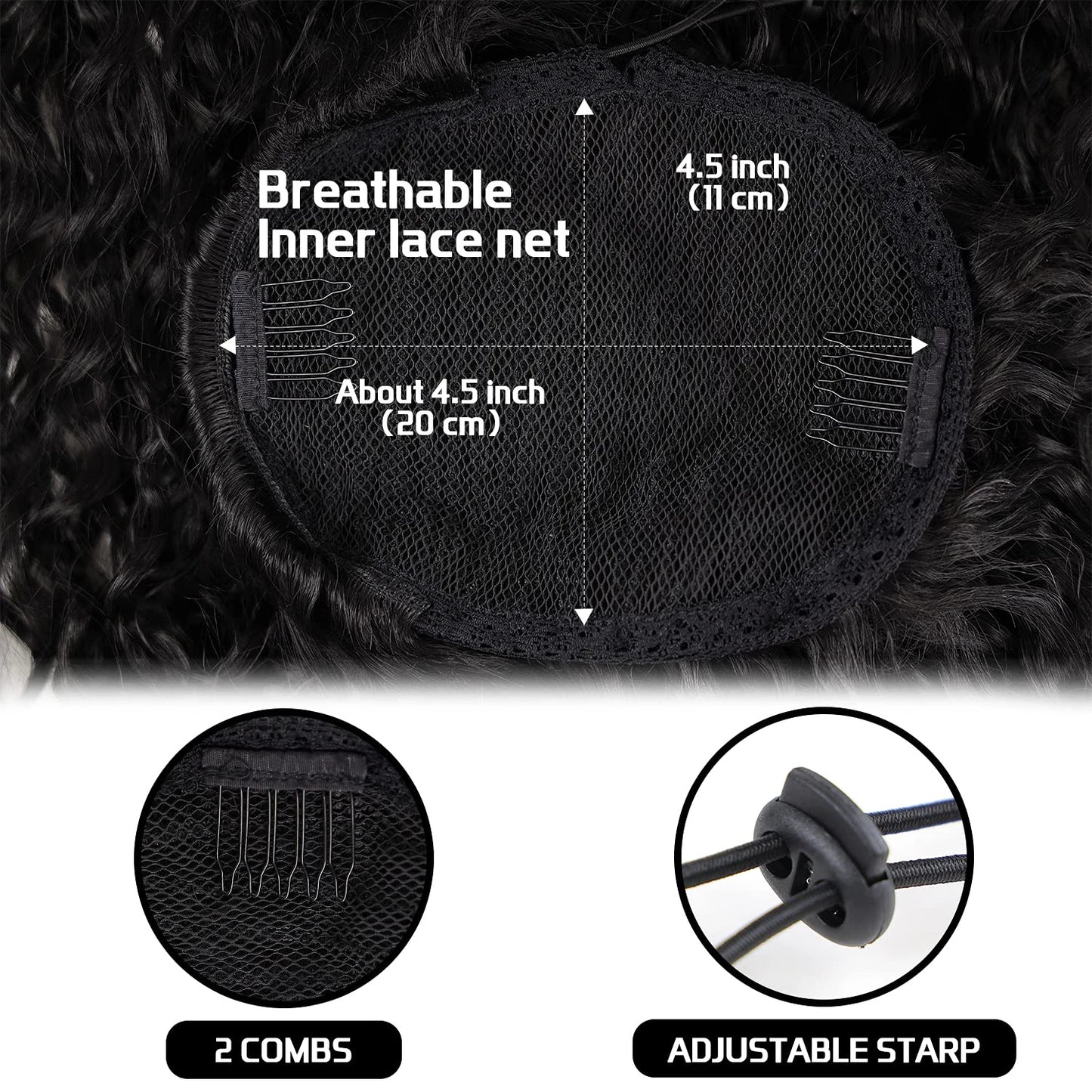 Deep Wave Drawstring Ponytail, Human Hair Ponytails, #1B Natural Black Curly Clip In Hair Extensions For Daily Cosplay, 1 Piece