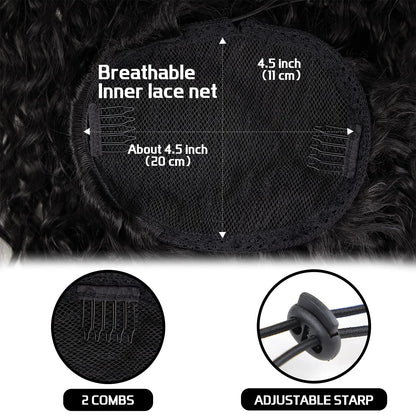 Deep Wave Drawstring Ponytail, Human Hair Ponytails, #1B Natural Black Curly Clip In Hair Extensions For Daily Cosplay, 1 Piece