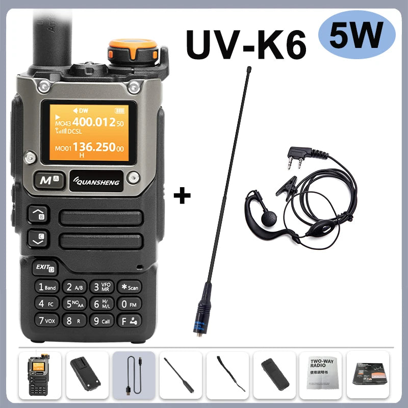 Quansheng UV-K6 Walkie Talkie 5W Radio de banda aérea Carga tipo C UHF VHF DTMF FM Scrambler NOAA Frecuencia inalámbrica Radio CB de dos vías
