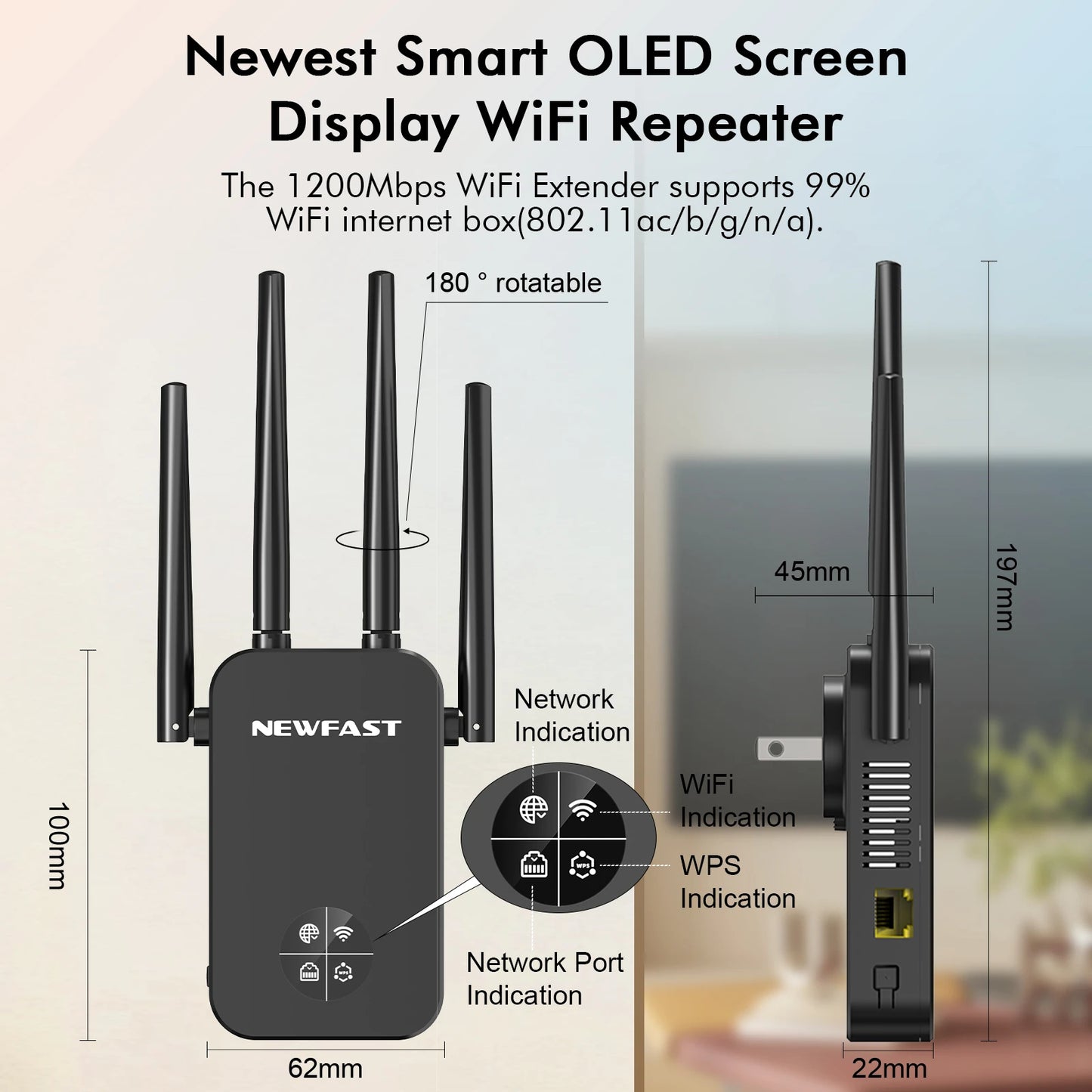 Newfast 1200Mbps WiFi Repeater Long Range OLED 5Ghz WiFi Signal Extenders Amplifier Signal Booster Antenna Repeater UK Plug