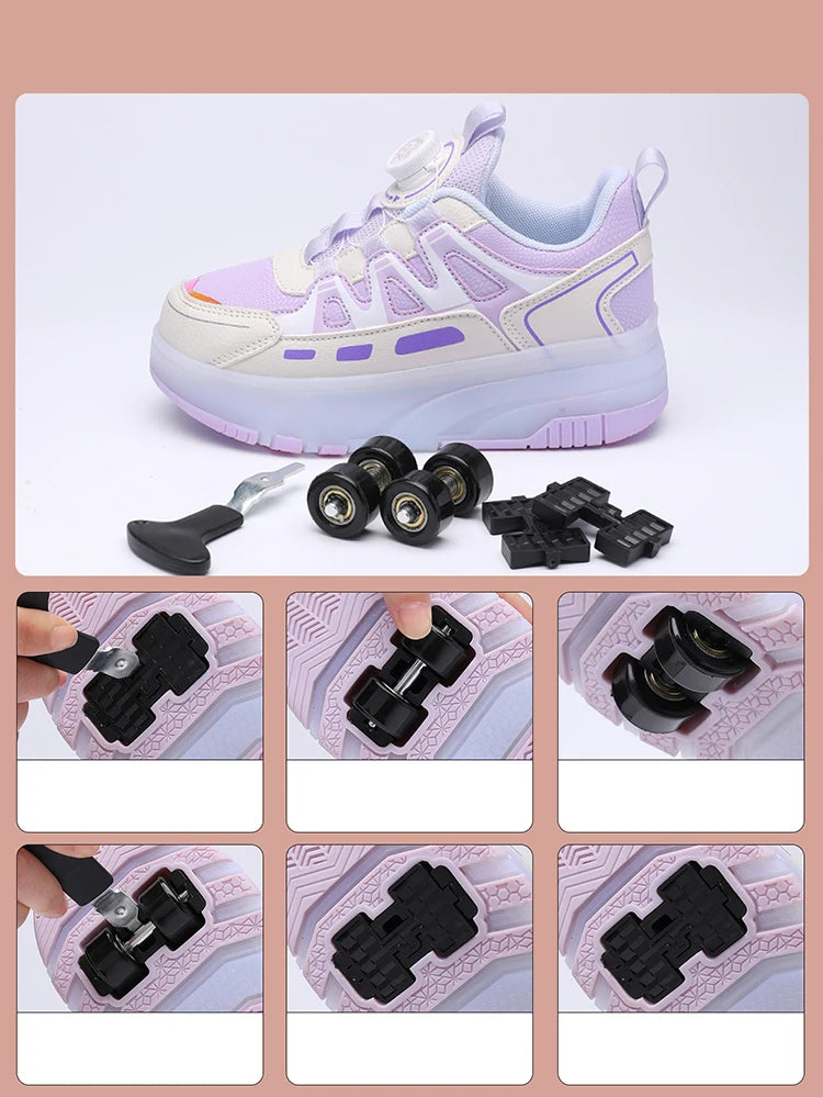 Children Four Wheels Luminous Glowing Sneakers Black Pink Led Light Roller Skate Shoes Kids Led Shoes Boys Girls USB Charging