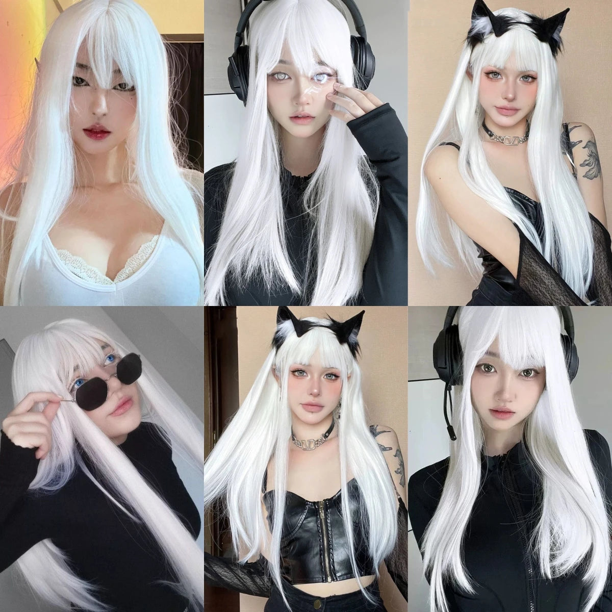 White Long Straight Synthetic Wigs for Women, Colorful Cosplay Party Fake Hair with Bangs, White Wig, HighTemperature Fiber, HENRY MARGU