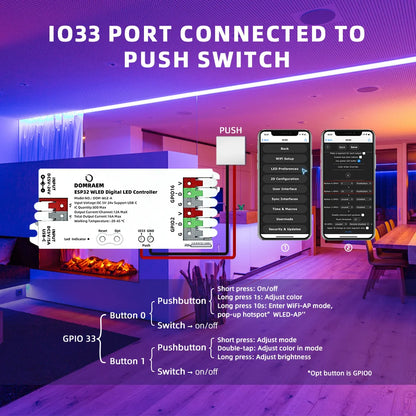 DOMRAEM ESP32 USB-C WLED Digital LED controller RGB IC DIY APP 16A fuse Works with HA/MQTT/Alex WS2811/12/12B/14/05 Sk6812 Strip