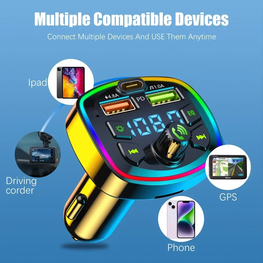 Car MP3 Player Bluetooth 5.0 FM Transmitter Handsfree Car Radio Modulator with Built-in Mic USB Quick Charge Adapter for Car