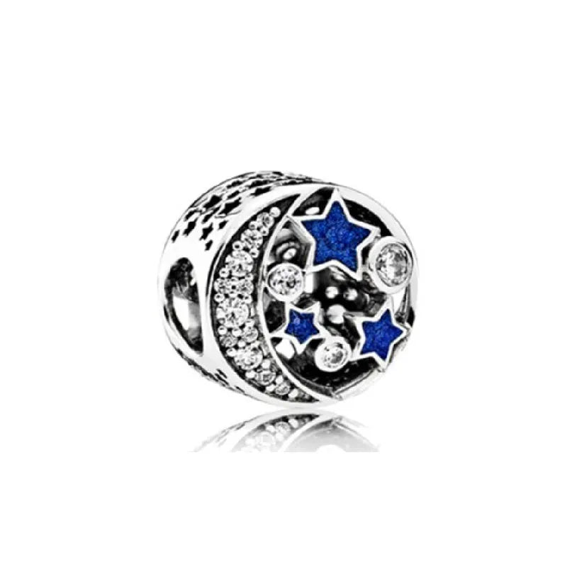 Blue Sparkling Zircon Star Moon Series Charms Beads Fit Original Bracelet Women DIY Pendant Accessories Jewelry 925 Silver Gifts