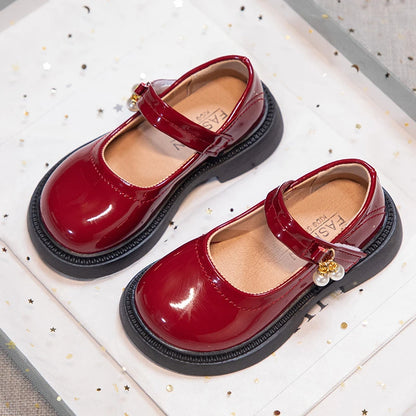 Girls' Chic Leather Princess Mary Janes with Pearl Pendant for Wedding Party, Back to School, Dress Flats (Sizes 26-36)