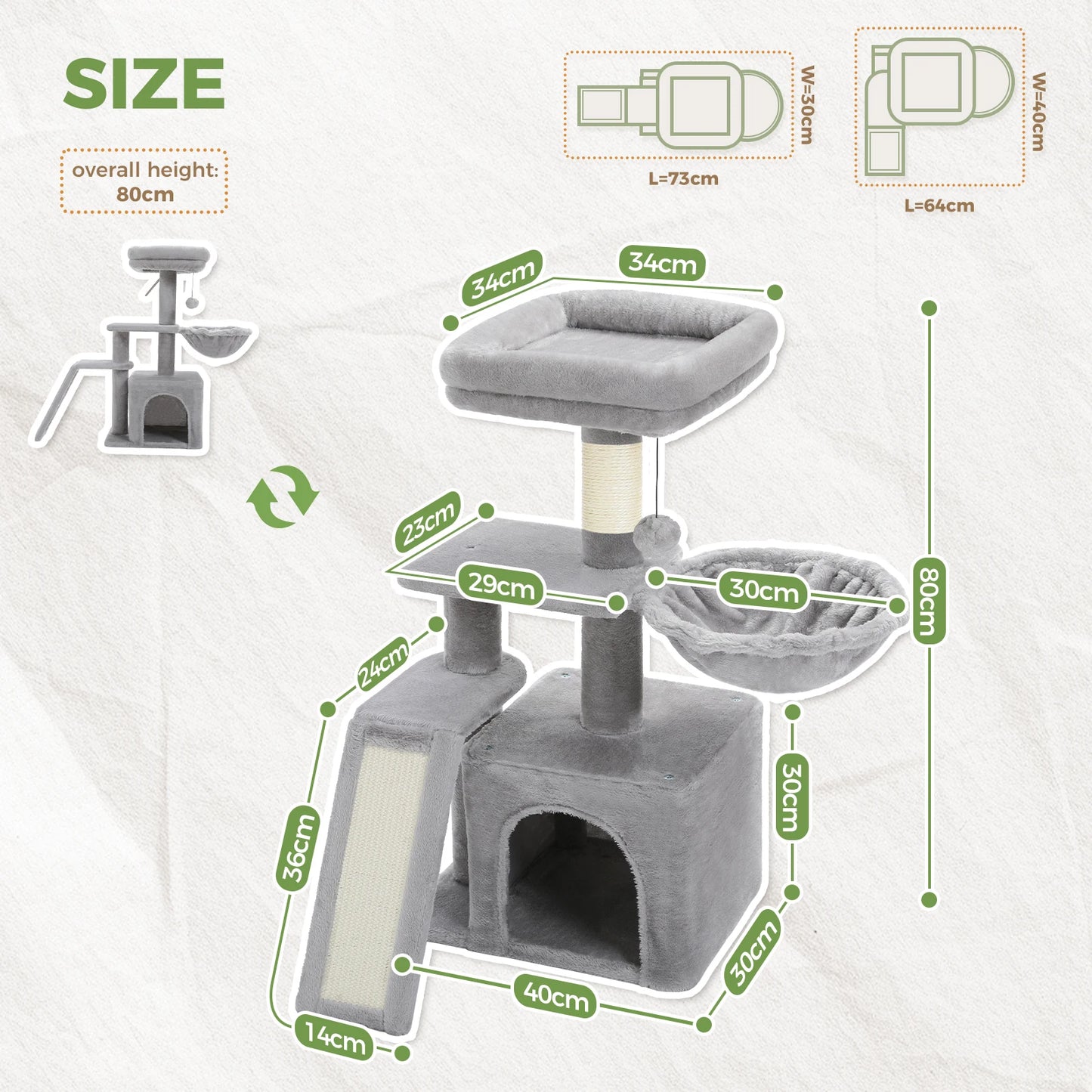Cat tree, Cat Tower for Indoor Cats, 2 Styles Cat Activity Tree with Cat Scratching Posts, Big Hammock and Removable Top Perch Grey