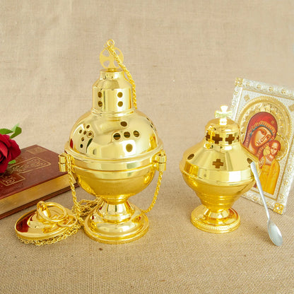 Church Supplier, High Polished Gold Plated Hanging Incense Burner, Orthodox Censer, Church Home Decoration Catholic Chalice, HTISOK