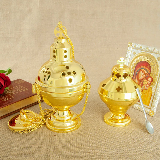 Church Supplier, High Polished Gold Plated Hanging Incense Burner, Orthodox Censer, Church Home Decoration Catholic Chalice, HTISOK
