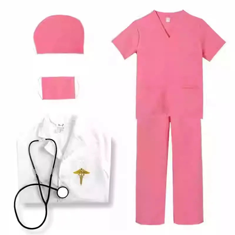7PCS Unisex Doctor Nurse Costume Set for Role Play Pink/Green/Blue Medical Scrubs with Stethoscope Halloween Dress Up Clothes