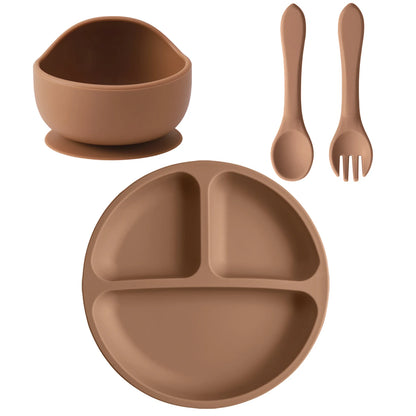 4PCS Baby Silicone Feeding Set Suction Dishes Plate Spoon Fork BPA Free Sucker Bowl Toddler Training Tableware Essentials