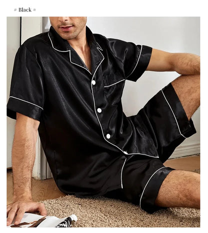 Men Satin Short Sleeve Pajama Set, Summer Sleepwear for Man, Button-Down Shirt & Elastic Waist Shorts, Pajamas Home Clothes, 2Piece