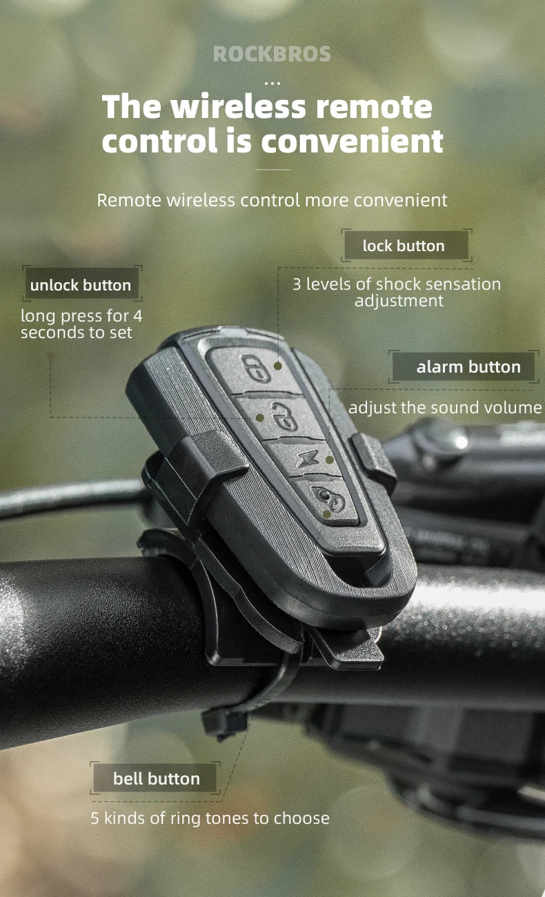 ROCKBROS Bicycle Bell Type-C Vibration Anti-Theft Electric Bike Alarm Horn with Wireless Remote Control Security Alarm System