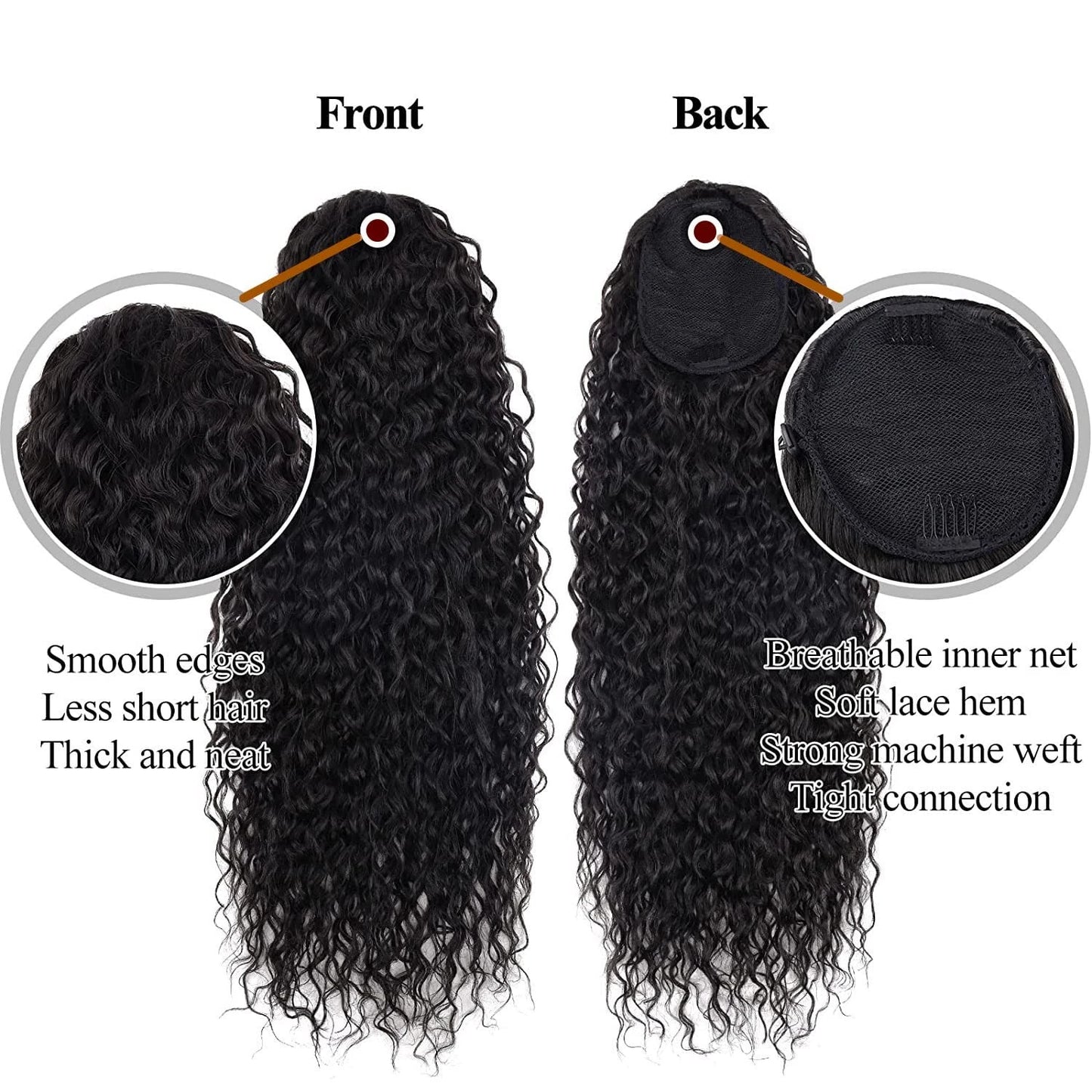 Deep Wave Drawstring Ponytail, Human Hair Ponytails, #1B Natural Black Curly Clip In Hair Extensions For Daily Cosplay, 1 Piece