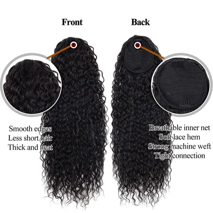 Deep Wave Drawstring Ponytail, Human Hair Ponytails, #1B Natural Black Curly Clip In Hair Extensions For Daily Cosplay, 1 Piece