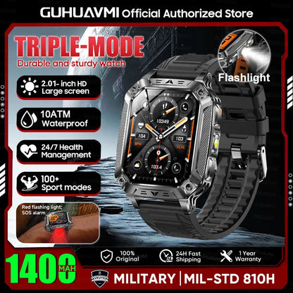 2026 New Military 1400mAh Battery Smart Watch LED Flashlight 10ATM Waterproof Heart Rate Voice Call Men 120+Sports Smart watchs