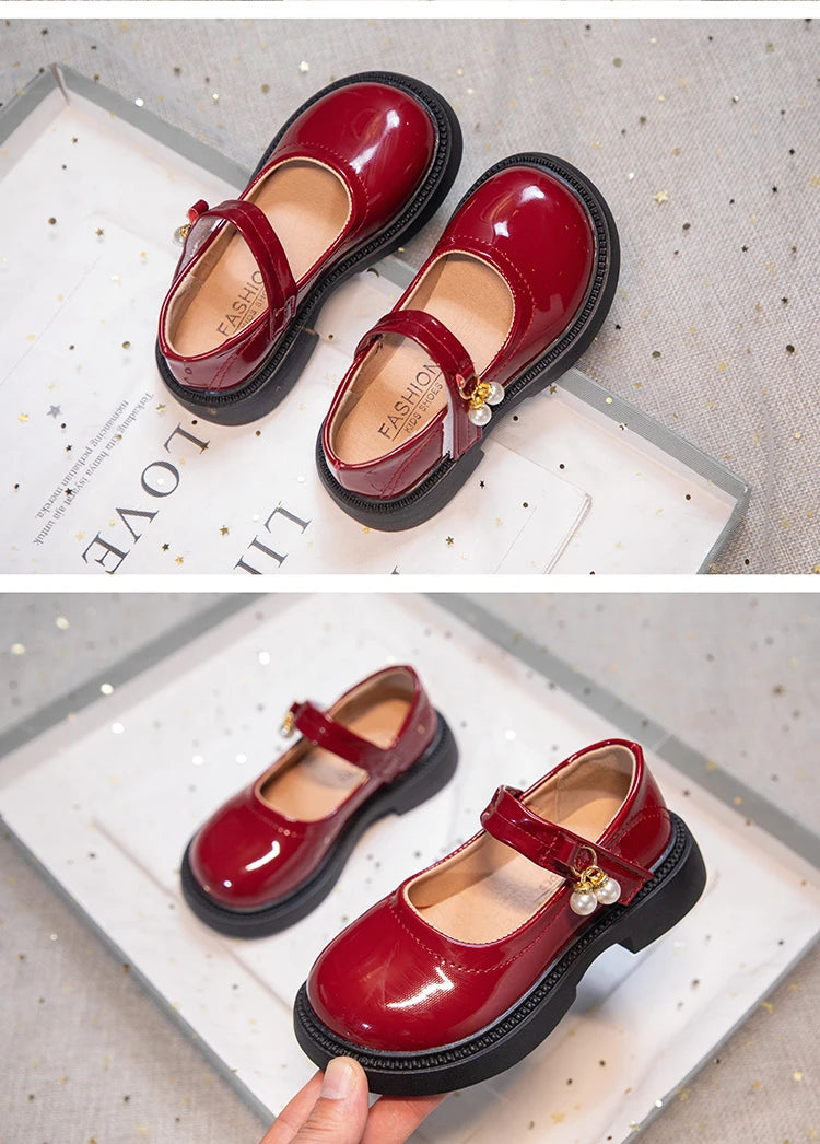 Girls' Chic Leather Princess Mary Janes with Pearl Pendant for Wedding Party, Back to School, Dress Flats (Sizes 26-36)