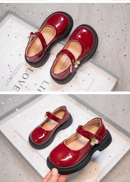 Girls' Chic Leather Princess Mary Janes with Pearl Pendant for Wedding Party, Back to School, Dress Flats (Sizes 26-36)
