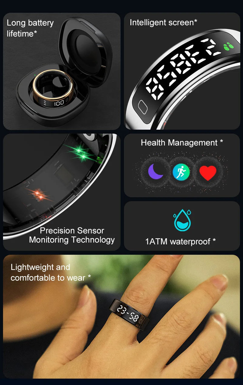 R11C Smart Ring, Men Women, Display Screen Gesture Swipe Video Smartring Waterproof Heart Rate Sleep Monitor Qring for Android IOS