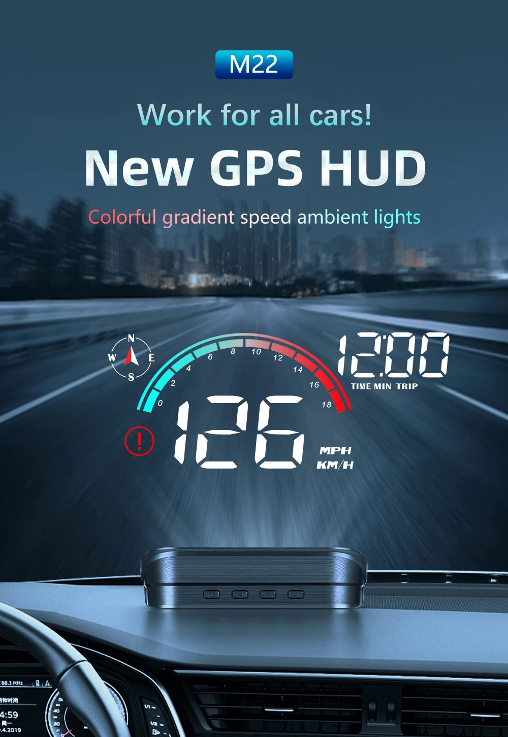 Car HUD, Head Up Display, Universal Digital GPS Speedometer, HD LCD Projection On Glass Windshield Projector for All Cars, M22