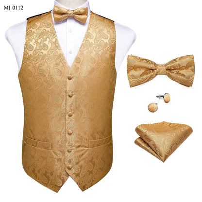Suit Vest With Bow Tie Pocket Square Cufflinks Light Blue Black Red Paisley Luxury Wedding Prom Tuxedo Waistcoat for Men