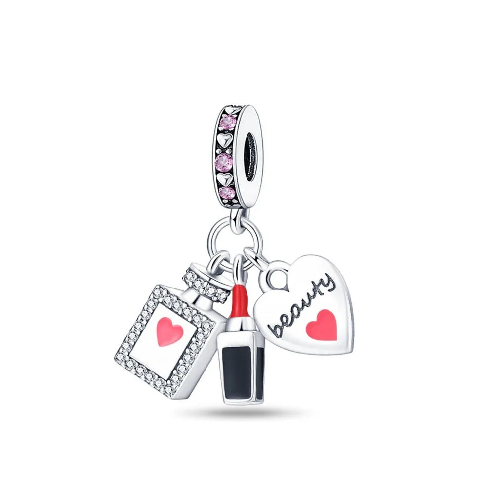 Pink Bead Bag Perfume Lipstick high heels Pendant fit Original Bracelet Accessories DIY Jewelry Women 925Silver Gift Trunk Charm