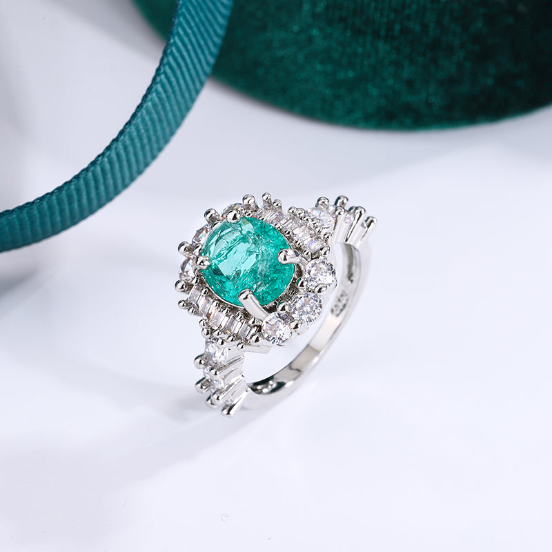 Exquisite Paraiba Green High Carbon Diamond 925 Silver Plated Ring for Women Double Crystal Anniversary Gift Party Jewelry