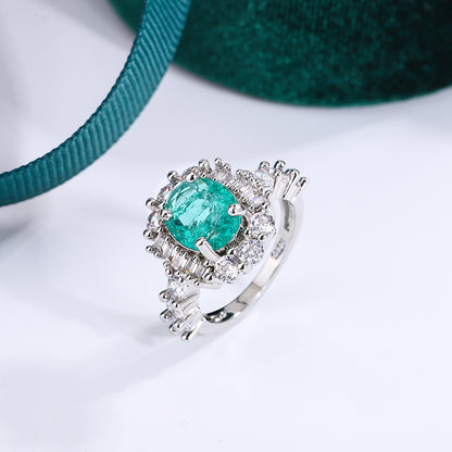 Exquisite Paraiba Green High Carbon Diamond 925 Silver Plated Ring for Women Double Crystal Anniversary Gift Party Jewelry
